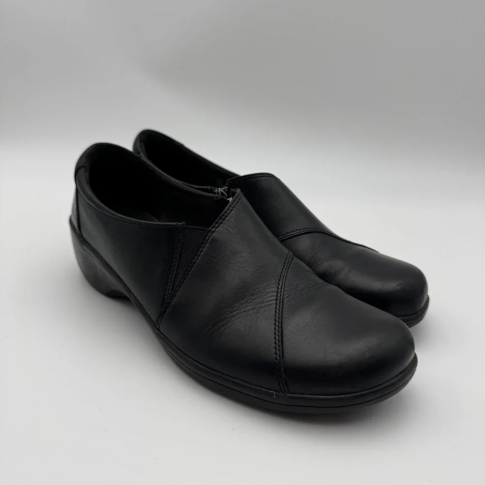 Clarks Bendables Black Leather Slip On Loafers Side Zip Wedge Shoes Women 10M